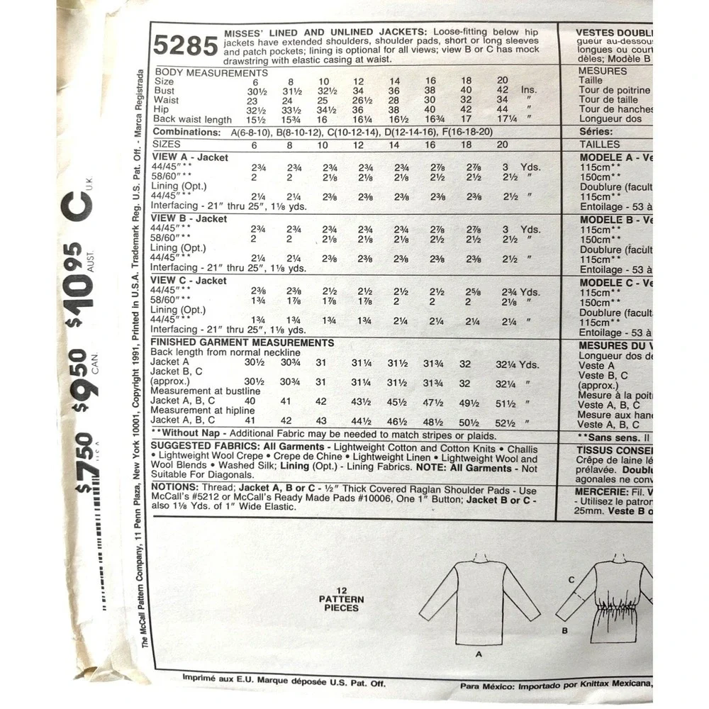McCalls Sewing Pattern 5285 Jacket Lined or‎ Unlined Misses Size 6-10